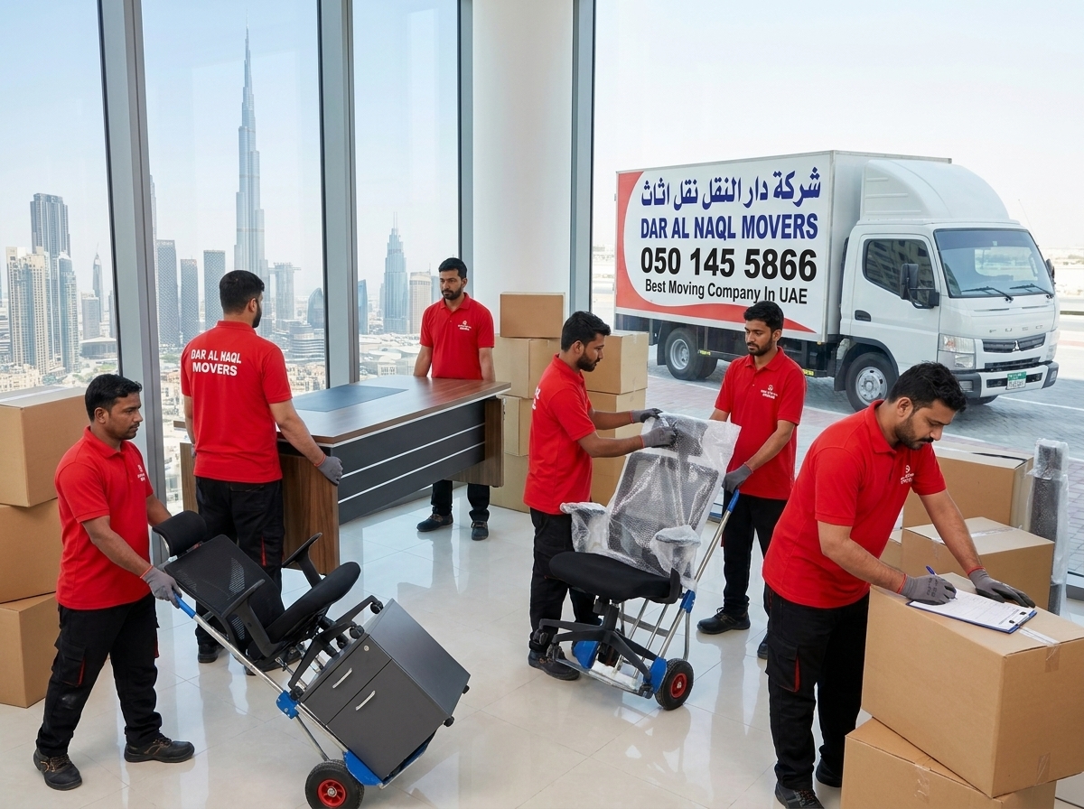 Office desks and equipment being relocated by movers