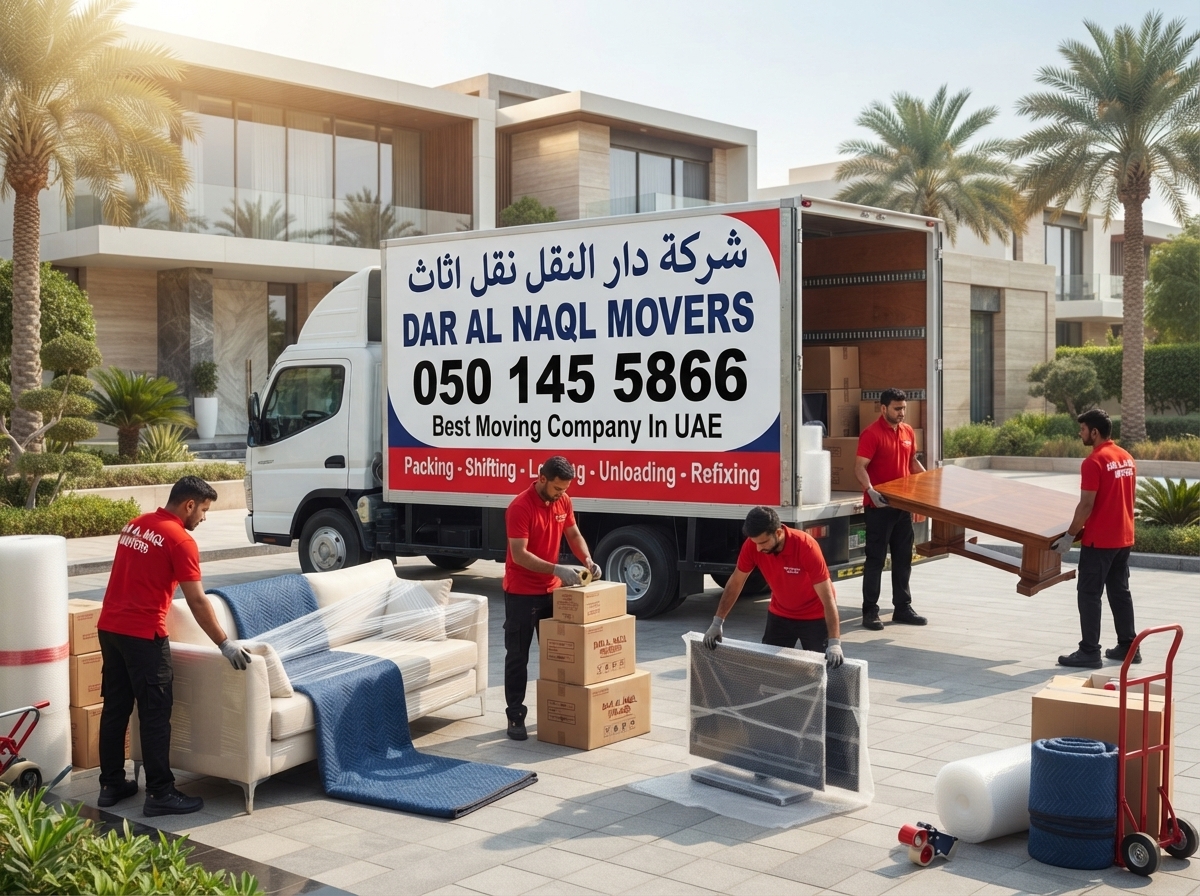 Movers carrying furniture into a moving truck