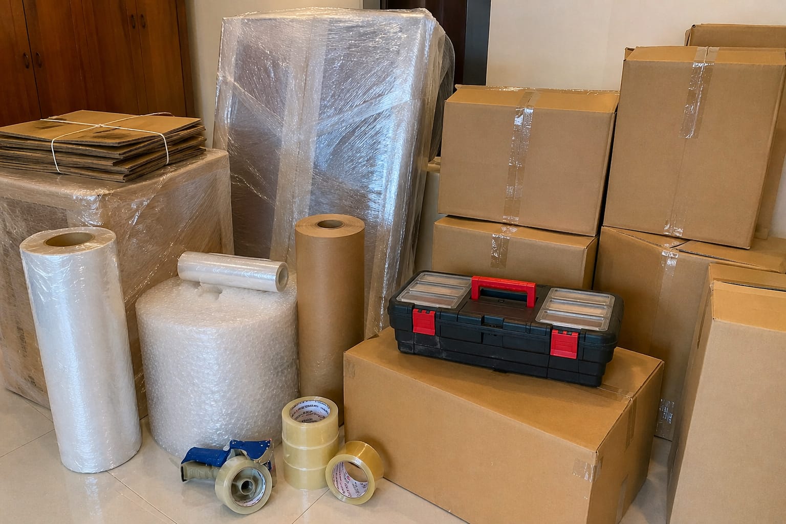 Movers wrapping furniture for protection