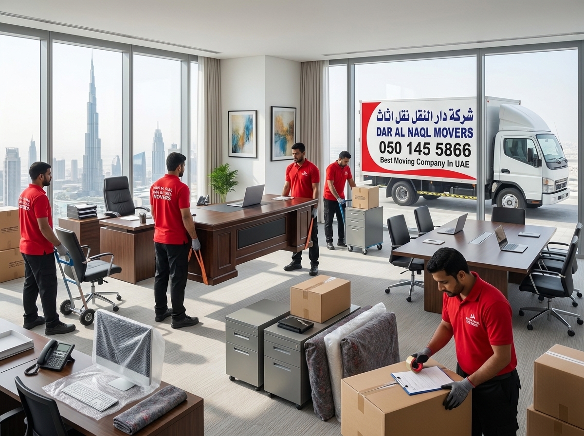 Modern office relocation with desks and equipment